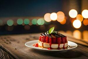 un fresa postre en un plato con luces en el antecedentes. generado por ai foto