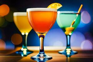 three different colored drinks in glasses on a table. AI-Generated photo