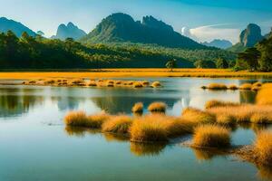 a lake surrounded by grass and mountains. AI-Generated photo