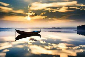 a boat is floating on a calm lake at sunset. AI-Generated photo