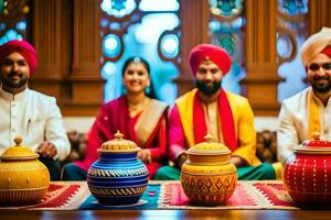 a group of people in indian attire sitting around a table with colorful pots. AI-Generated photo