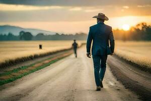 a man in a suit and hat walks down a dirt road. AI-Generated photo