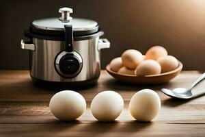 three eggs sit next to an instant pot. AI-Generated photo