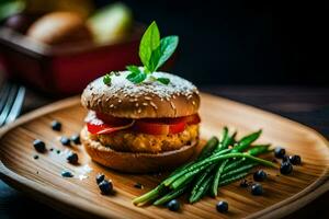 a hamburger with vegetables and a fork. AI-Generated photo