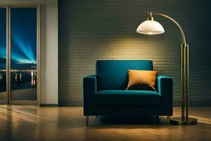 a blue chair and lamp in a room with a view of the city. AI-Generated photo