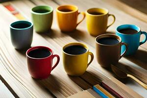 colorful coffee cups on a wooden table. AI-Generated photo