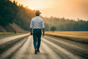 hombre caminando en un la carretera a puesta de sol. generado por ai foto