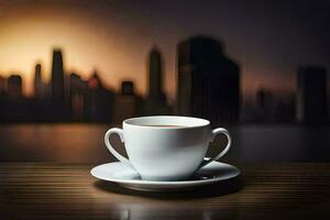 a cup of coffee on a table in front of a cityscape. AI-Generated photo