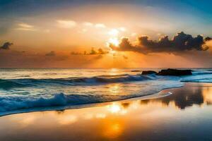 the sun rises over the ocean in this beautiful beach photo. AI-Generated photo