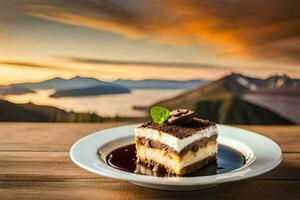 a dessert on a plate with a view of the mountains. AI-Generated photo