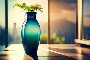 un azul florero con flores sentado en un mesa. generado por ai foto