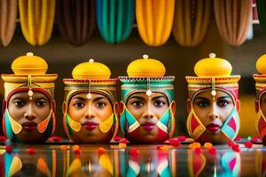 a row of colorful jars with faces painted on them. AI-Generated photo