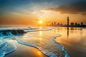 the city skyline is reflected in the water. AI-Generated photo