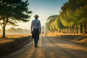 a man in a hat walks down a dirt road. AI-Generated photo