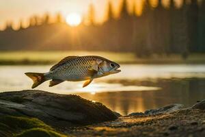 un pescado es saltando fuera de el agua a puesta de sol. generado por ai foto