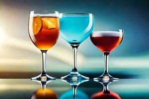 three different types of drinks in glasses. AI-Generated photo