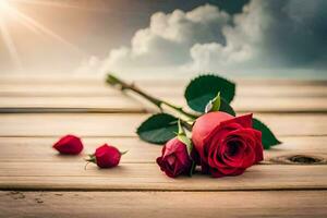 rosas en un de madera mesa con Dom y nubes generado por ai foto