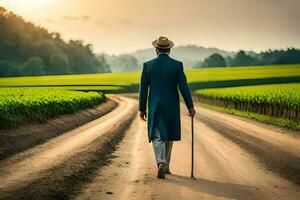 a man in a suit walks down a dirt road. AI-Generated photo