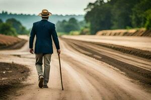 a man in a suit and hat walking down a dirt road. AI-Generated photo