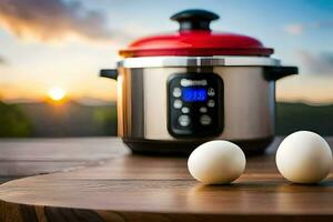 two eggs sit next to an instant pot. AI-Generated photo