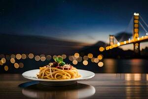 a plate of pasta with a view of the golden gate bridge. AI-Generated photo