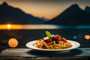 a plate of pasta with berries and a mountain view. AI-Generated photo