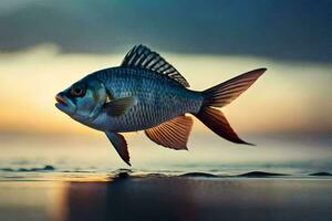 un pescado es saltando fuera de el agua a puesta de sol. generado por ai foto