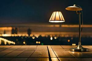 a lamp on a table in front of a city at night. AI-Generated photo
