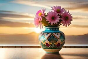 a vase with pink flowers on a table in front of the sunset. AI-Generated photo