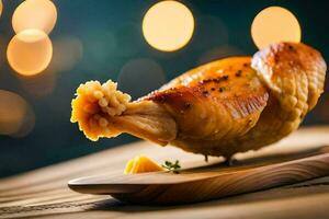 a roasted chicken on a wooden board with a bokeh background. AI-Generated photo