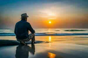 a man sitting on the beach at sunset. AI-Generated photo