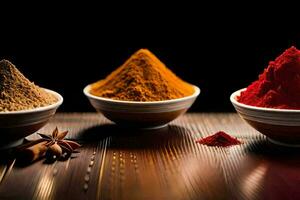 three bowls of different colored spices. AI-Generated photo