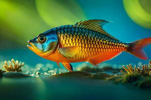 a fish with bright colors is standing on the water. AI-Generated photo