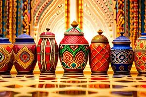 a row of colorful vases with decorative designs. AI-Generated photo