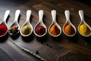 spoons with different colored spices in them. AI-Generated photo