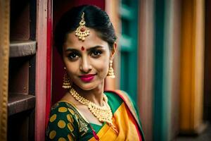 a beautiful indian woman in a colorful sari. AI-Generated photo