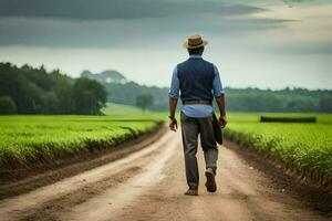 un hombre caminando abajo un suciedad la carretera en un campo. generado por ai foto