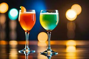two glasses of colorful drinks on a table. AI-Generated photo