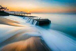a long exposure photograph of a wave crashing into the shore. AI-Generated photo