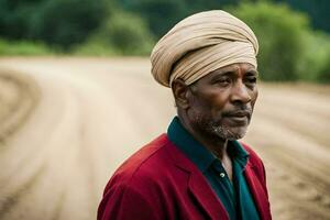 a man wearing a turban on a dirt road. AI-Generated photo