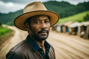 a man in a hat stands on a dirt road. AI-Generated photo