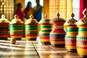 colorful vases lined up on a table with a woman in the background. AI-Generated photo