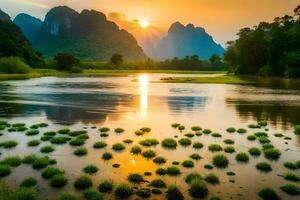 the sun rises over a river and mountains in china. AI-Generated photo