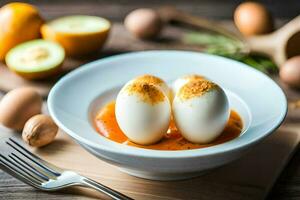 eggs in a bowl with orange sauce and spices. AI-Generated photo