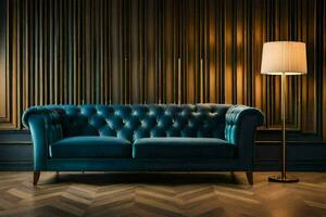 a blue leather couch in front of a wall with wooden paneling. AI-Generated photo