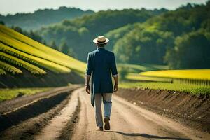 un hombre en un sombrero camina abajo un suciedad la carretera. generado por ai foto