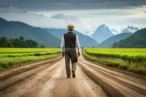 a man in a hat walks down a dirt road in front of a field. AI-Generated photo