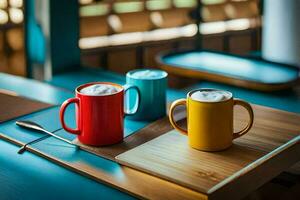three coffee mugs on a table. AI-Generated photo