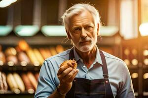an older man holding a donut in a bakery. AI-Generated photo