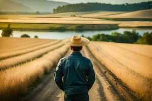 a man in a hat is walking down a dirt road. AI-Generated photo